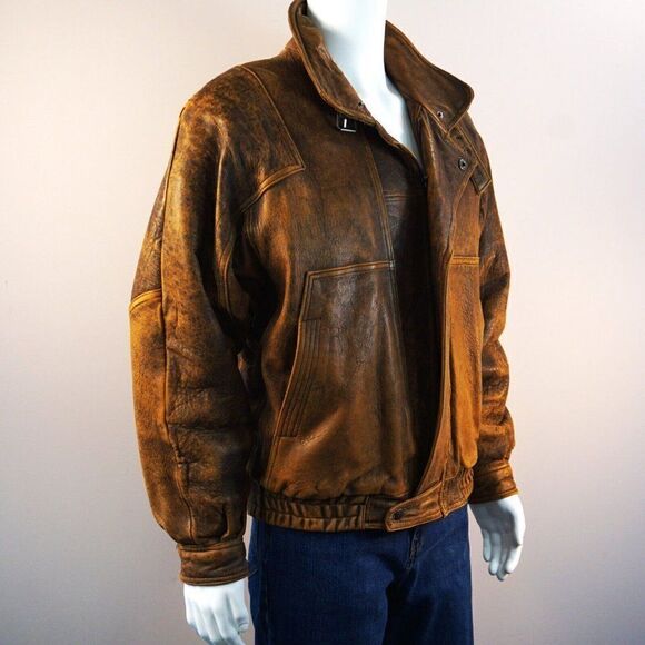 Vintage Members Only Brown Leather Bomber Jacket Sz 40 M Great Horizon Express - Picture 9 of 10